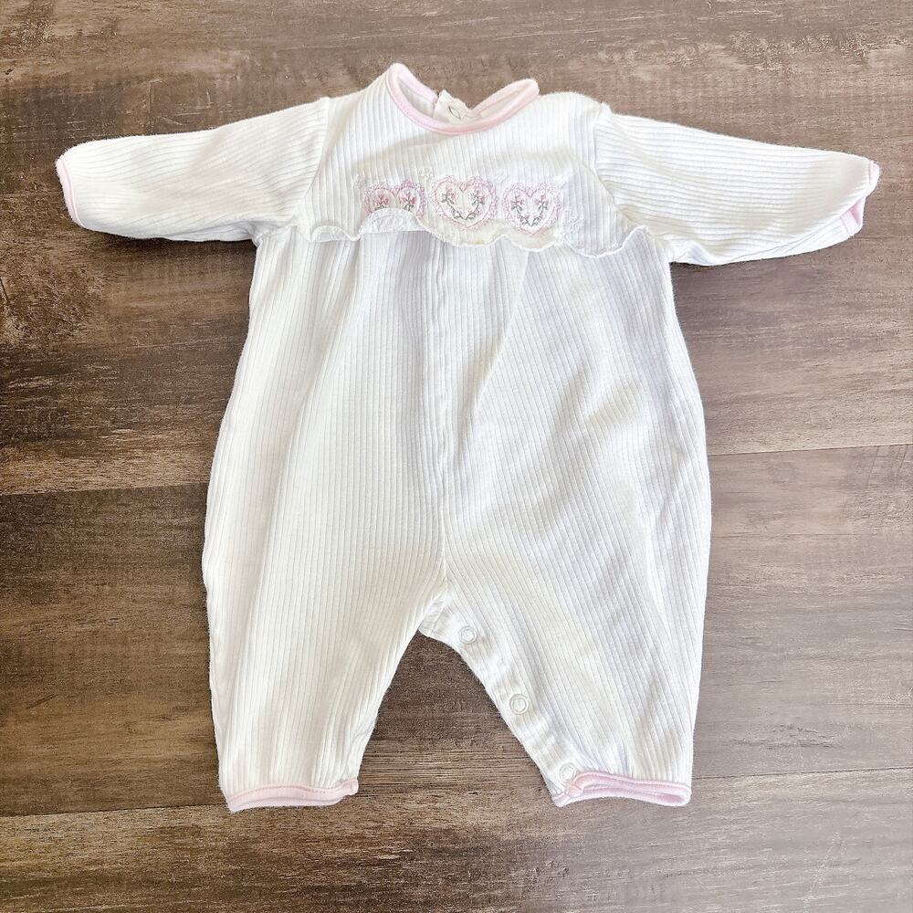 VINTAGE BABY DIOR WHITE RIBBED ROMPER WITH EMBROIDERED PINK HEARTS - 0-3M